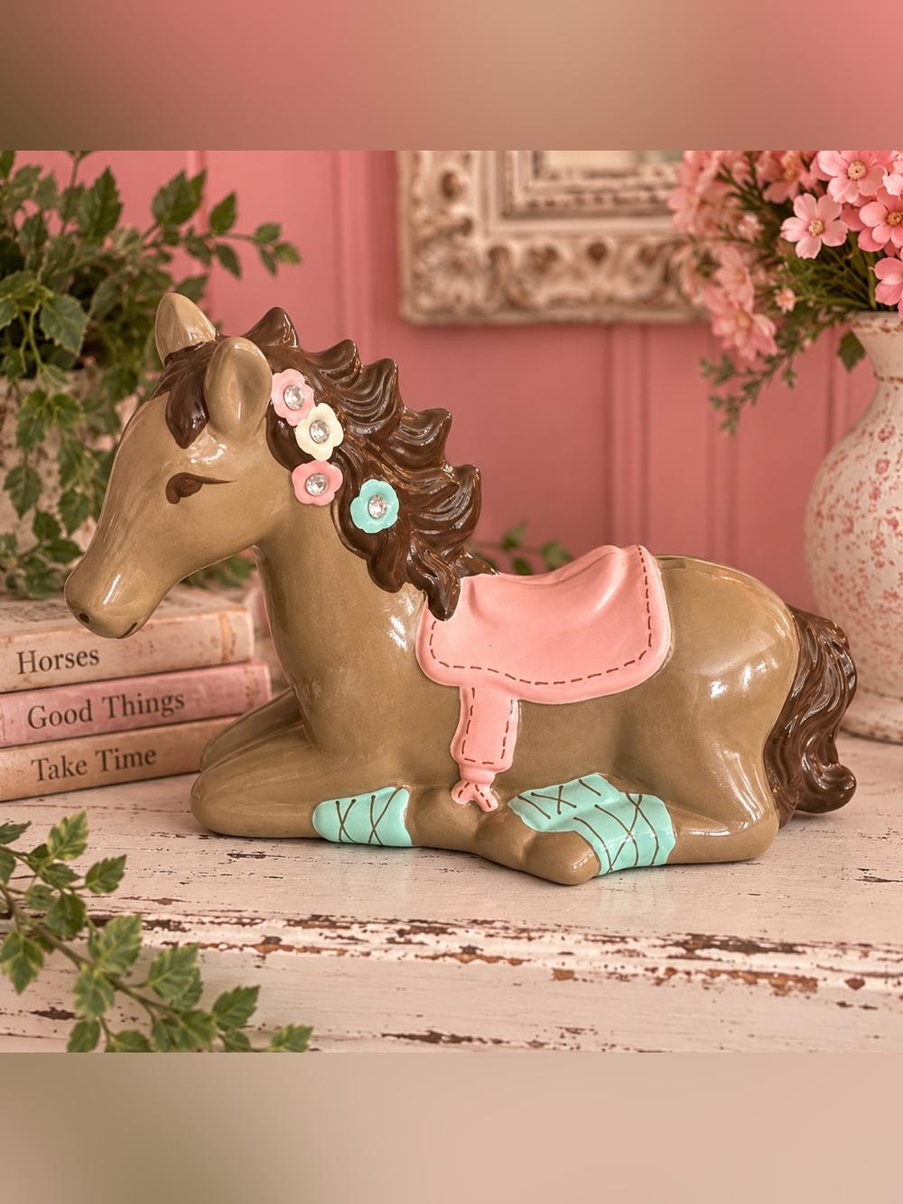Decorative Ceramic Pony Coin Bank in Taupe with Pink Saddle and Mint Accents